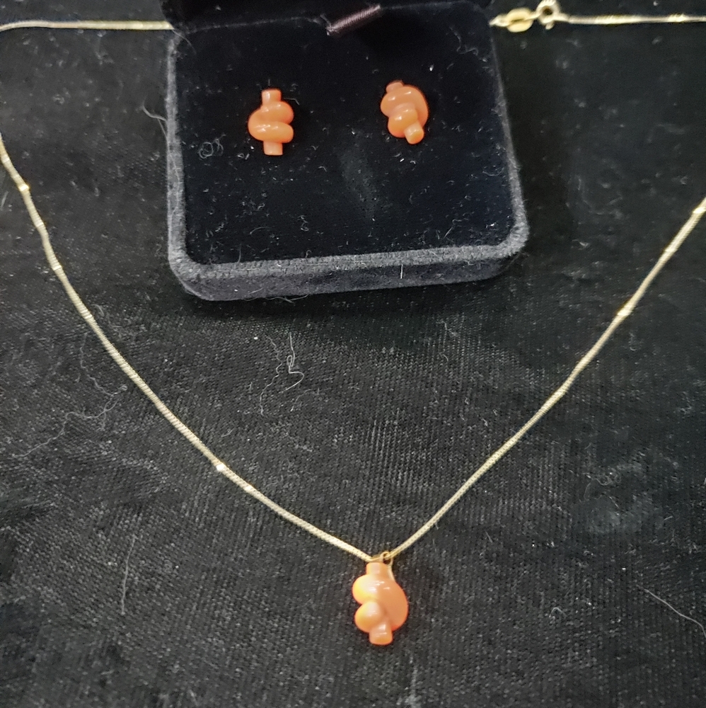14K yellow gold orange coral necklace earrings set
